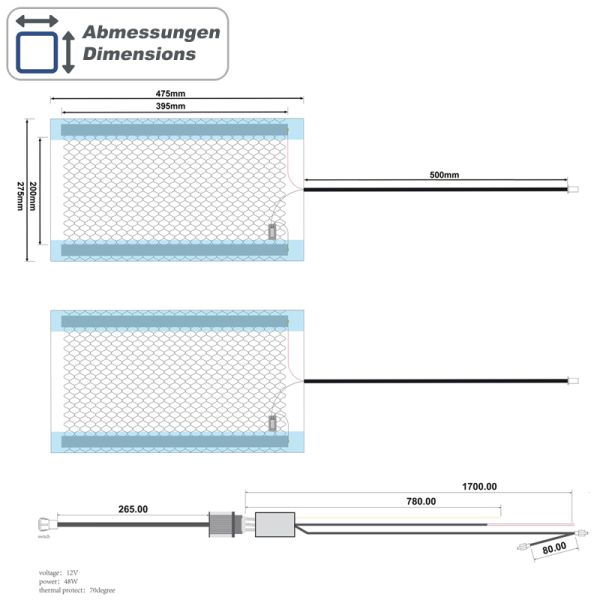 AMPIRE Sitzheizung, 2x 480x280mm, Taster 1-stufig, 12 Volt, Heavy-Duty (FMVSS 302)